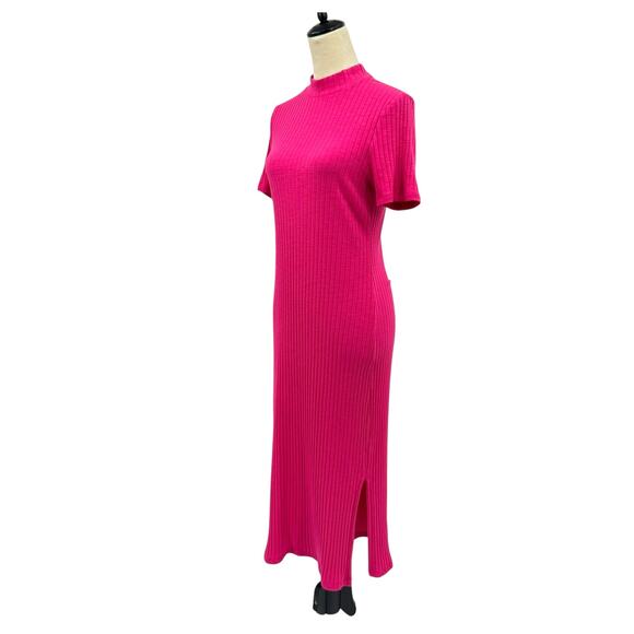 Anthropologie Court & Rowe Hot Pink Ribbed Mock Neck Bodycon Midi Dress - Picture 2 of 10